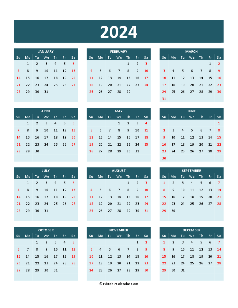 2024 Calendar Printable Word Pdf