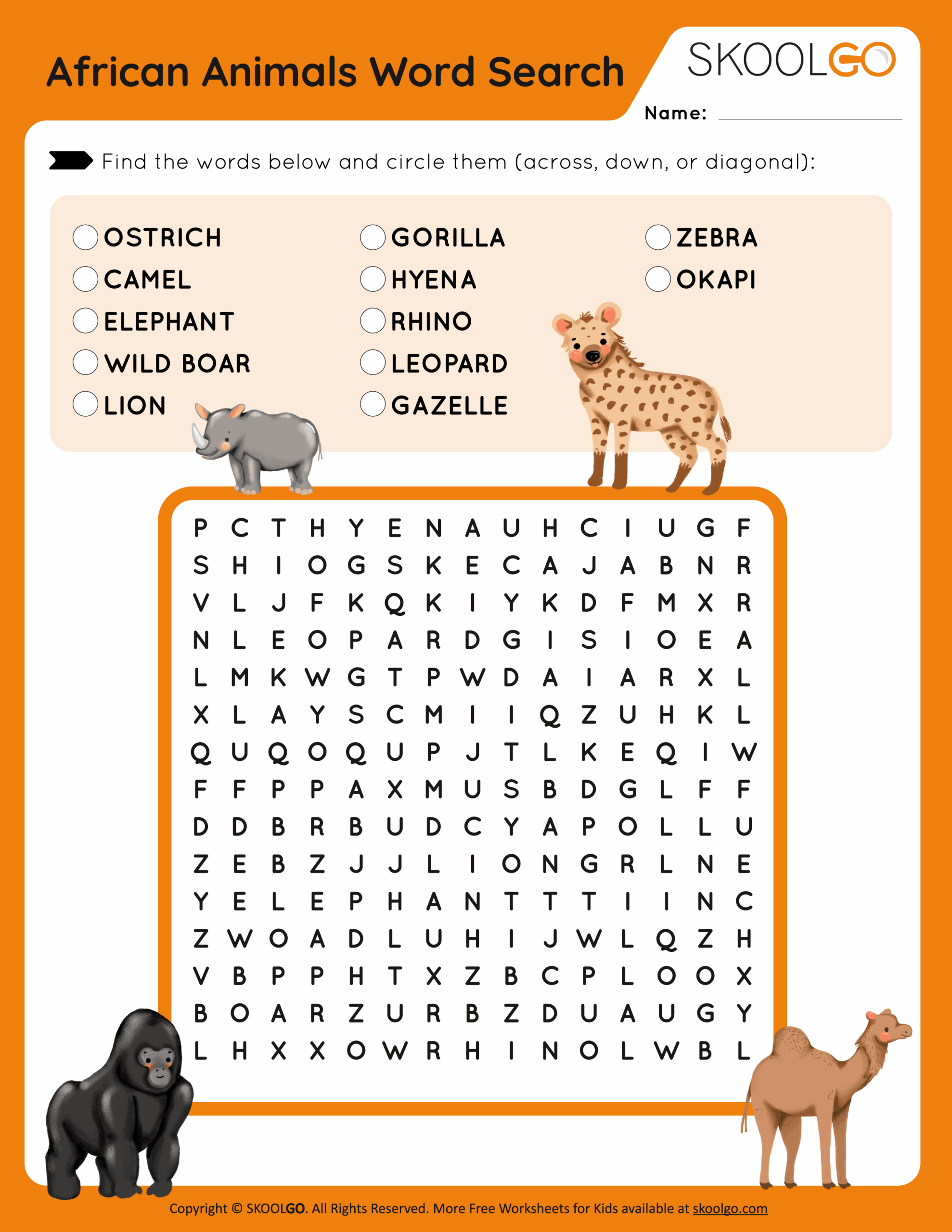 African Animals Word Search Printable Word Search Maker