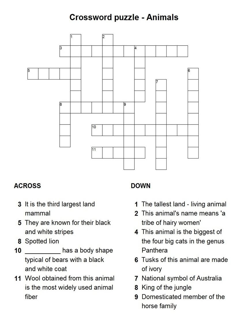 Animals And Their Sounds Crossword Puzzle Crossword Puzzles For Kids 