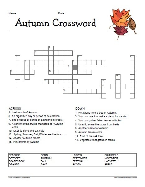 Autumn Crossword Free Printable