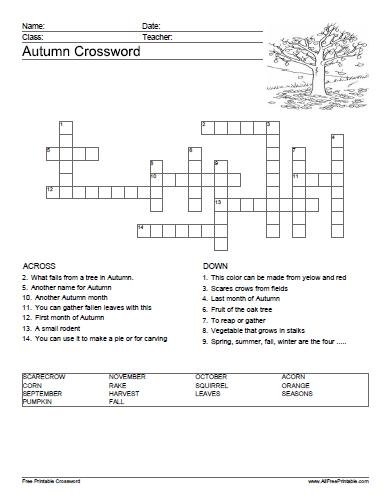 Autumn Crossword Puzzle Free Printable
