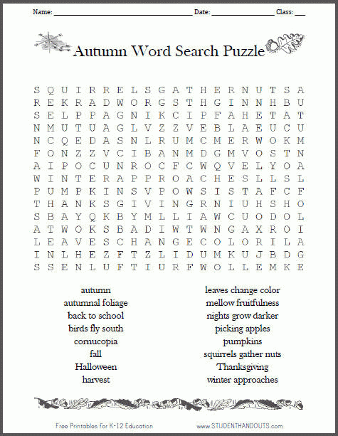 Autumn Fall Word Search Puzzle Free Printable Student Handouts