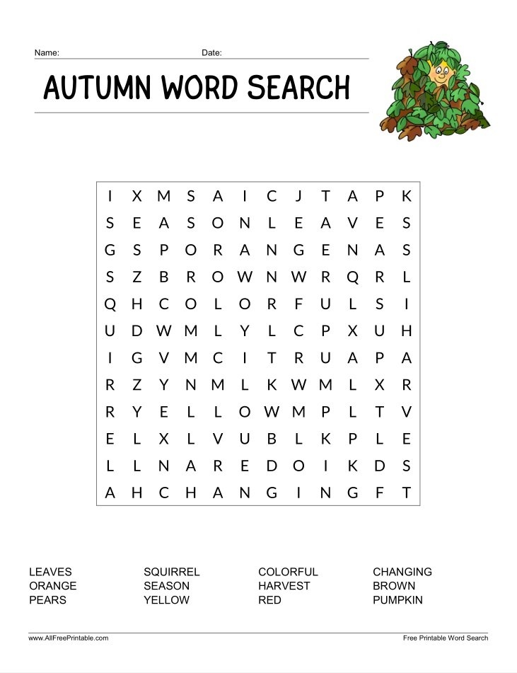 Autumn Word Search For Kids Free Printable