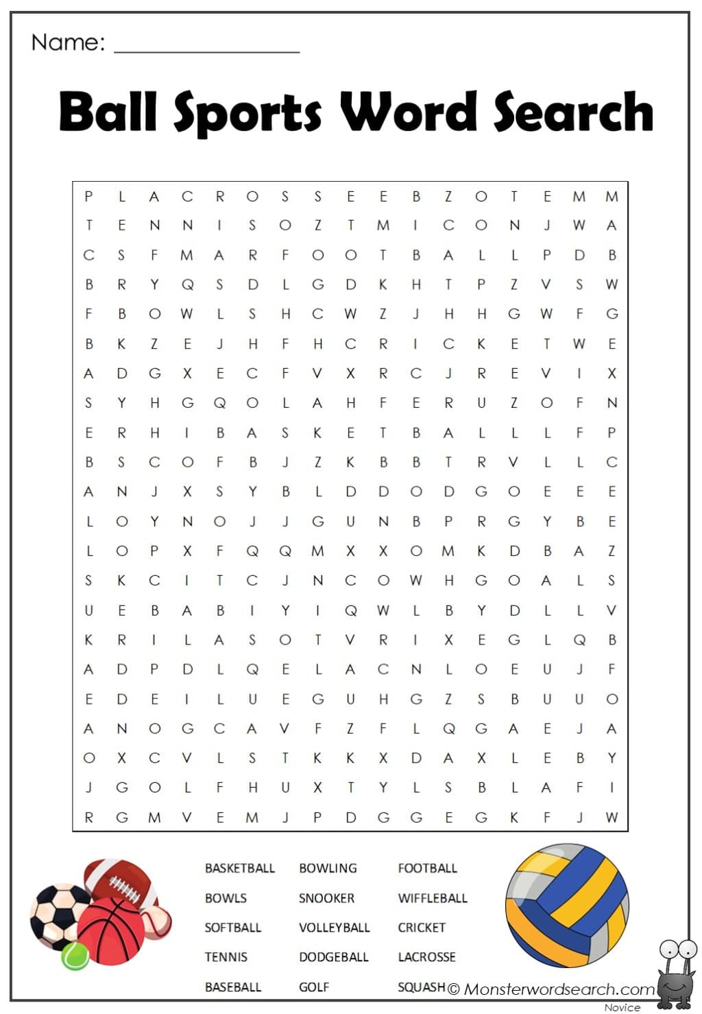 Ball Sports Word Search Monster Word Search