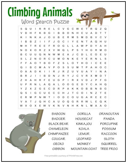 Climbing Animals Word Search Puzzle Print It Free Worksheets Library