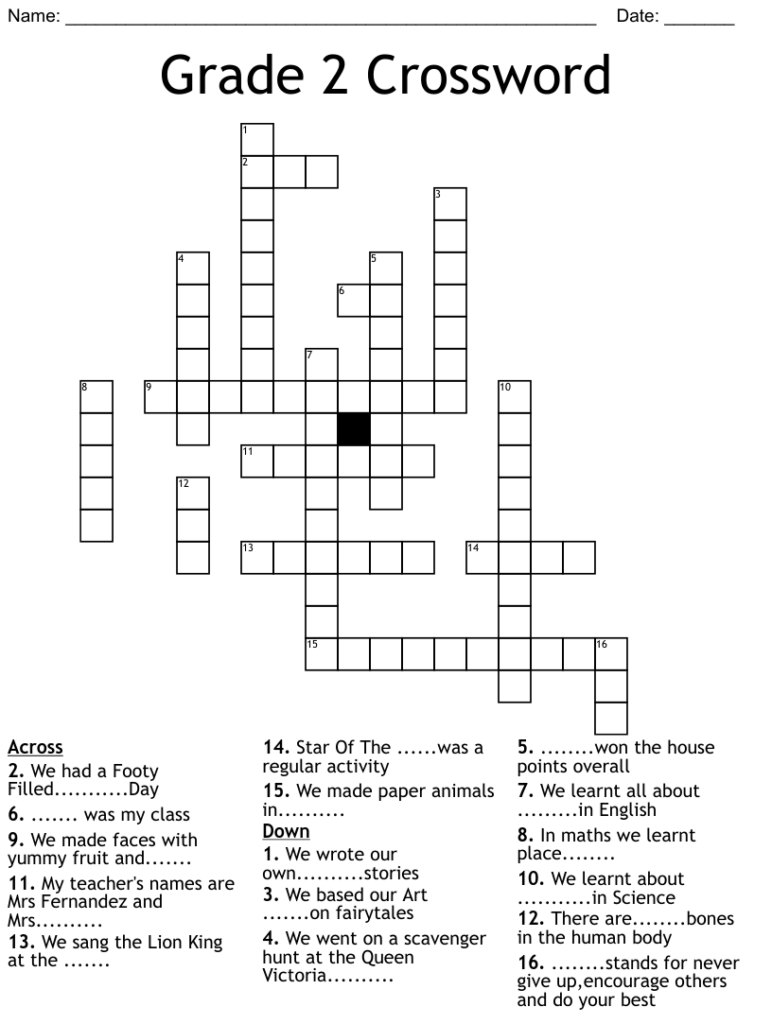 Crossword Puzzle For 2nd Graders Free Crossword Puzzles Printable