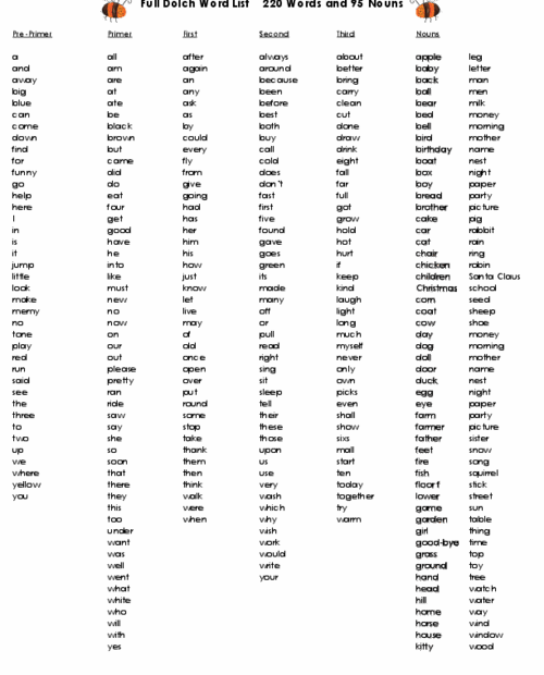 Dolch Word List Printable PDF