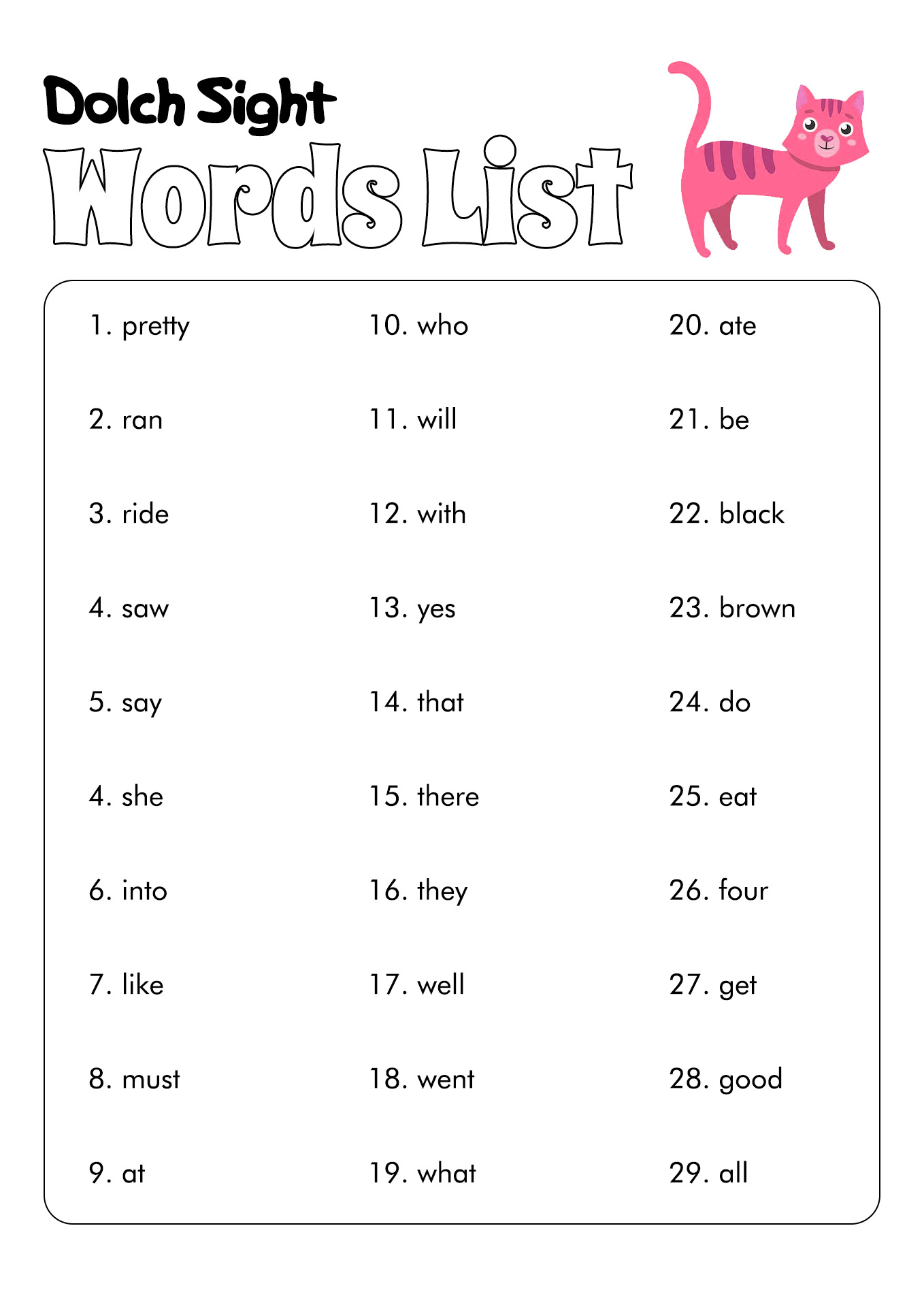Dolch Word List Printable Printable Calendars AT A GLANCE
