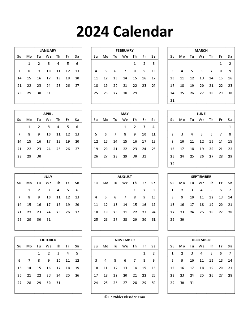 Download Free Printable 2024 Calendar Word Version 