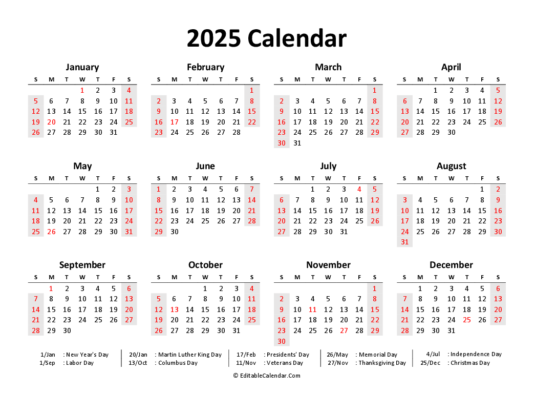 Download Printable 2025 Calendar Word PDF Version 