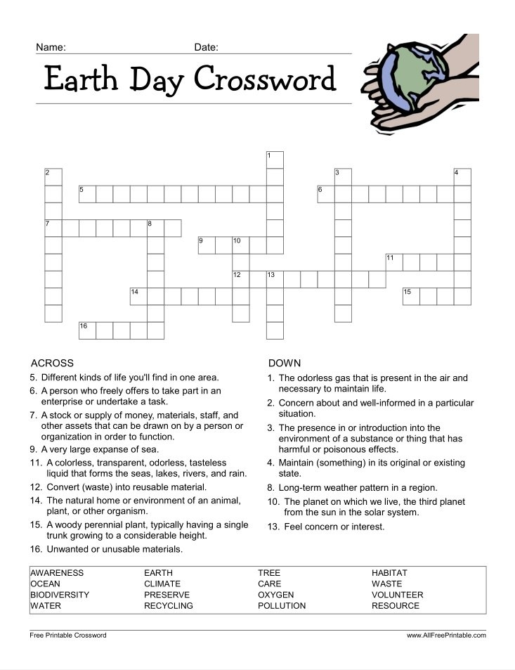 Earth Day Crossword Puzzle Free Printable