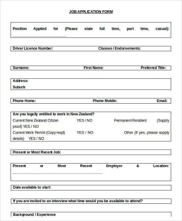 Employment Printable Blank Job Application Form Word Document 