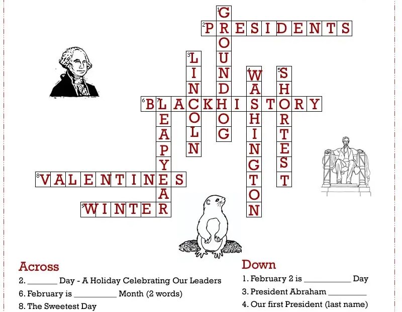 February Crossword Puzzle Answer Key Printables For Kids Free Word