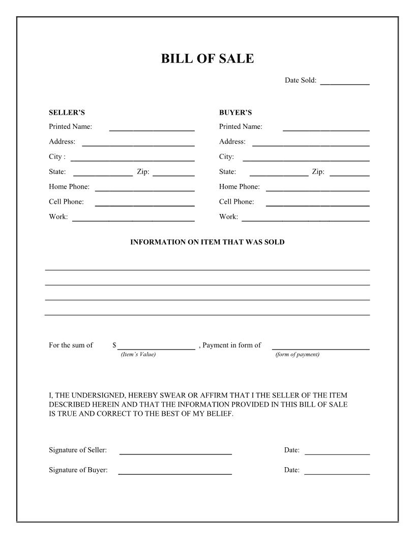 Free General Bill Of Sale Form Download PDF Word