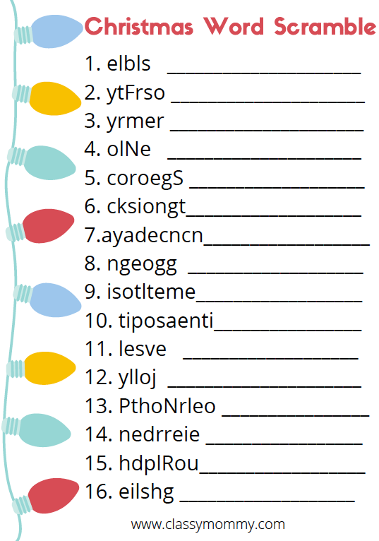 Free Printable Christmas Word Scramble Classy Mommy