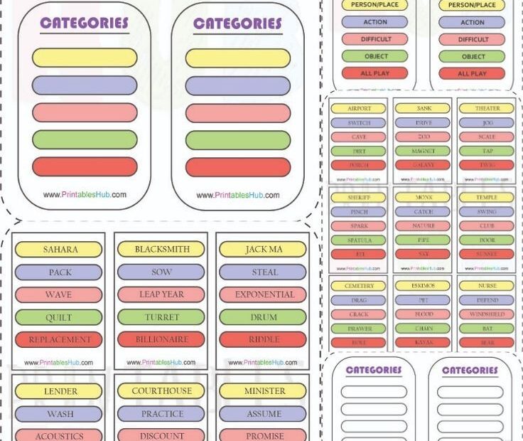 Free Printable Pictionary Words Category Cards PDF