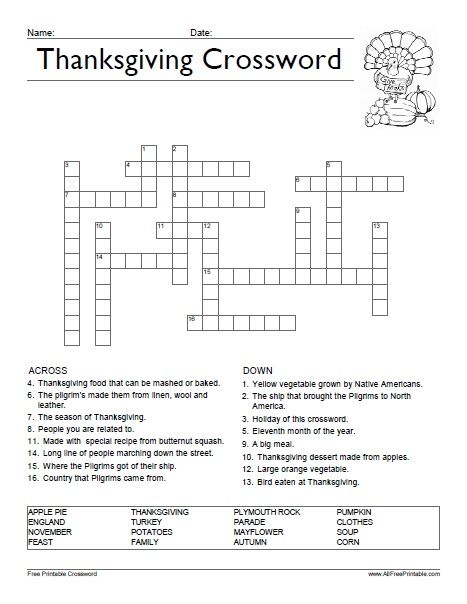 Free Printable Thanksgiving Crossword Puzzle