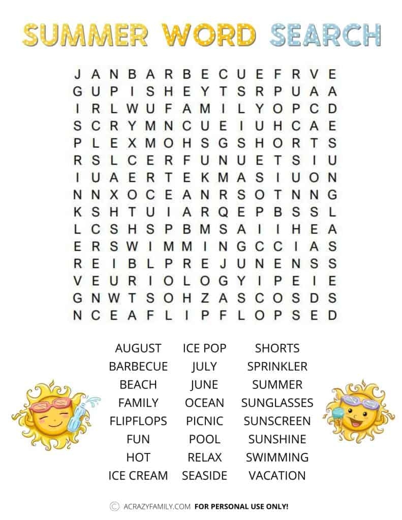 Free Summer Word Search Printable A Crazy Family