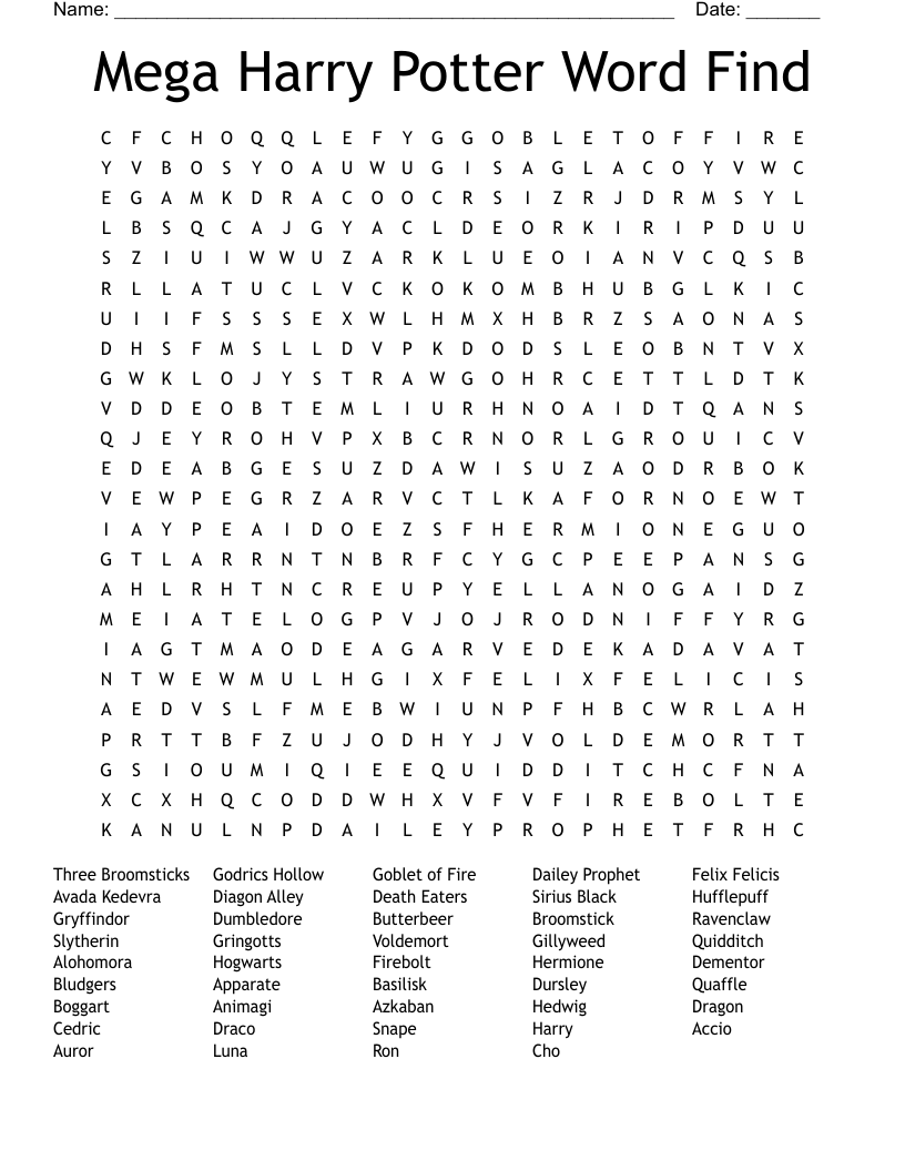 Harry Potter Word Search Printable