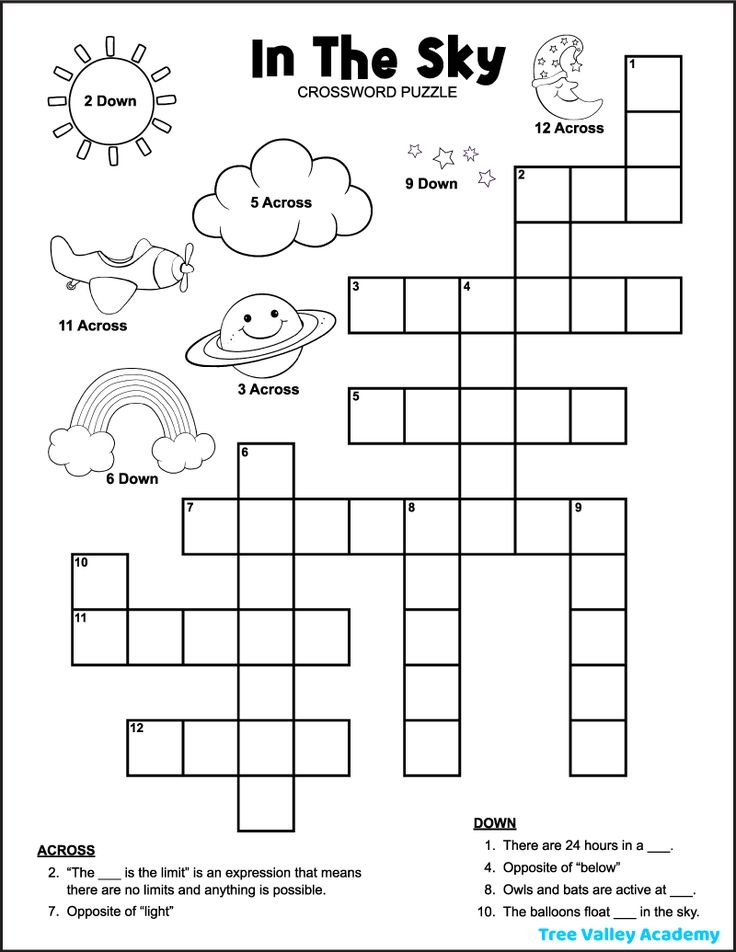In The Sky Crossword Puzzle For Kids Tree Valley Academy In 2024 