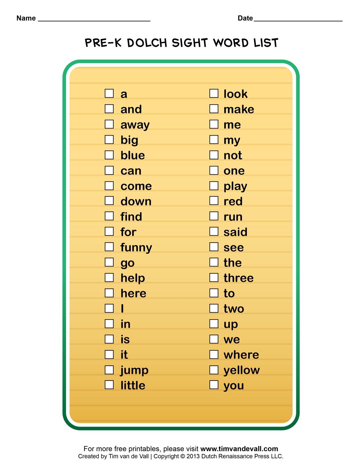 Kindergarten Dolch Sight Words Free Printable Printable Free Templates