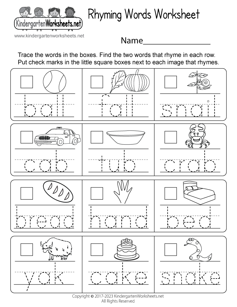 Kindergarten Rhyming Words Worksheet Free Kindergarten English 