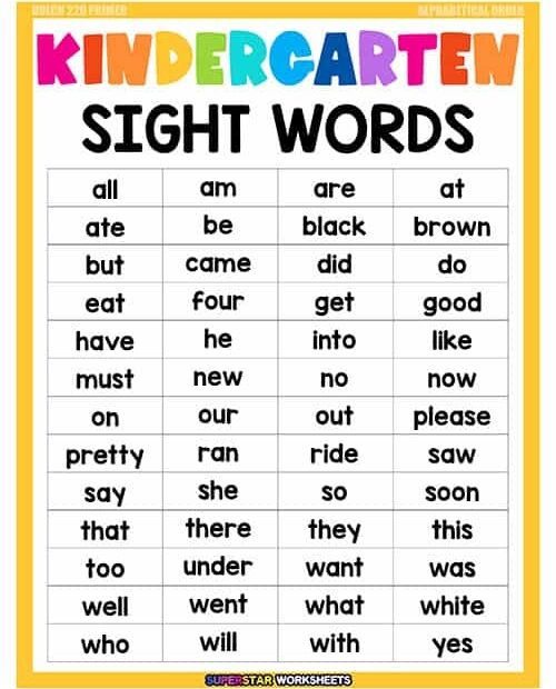 Kindergarten Sight Words List Printable