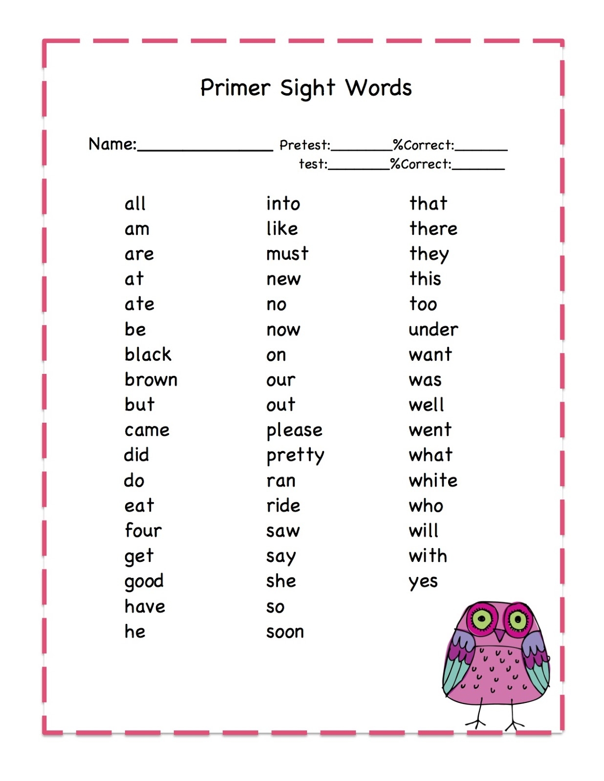 Kindergarten Sight Words List Printable