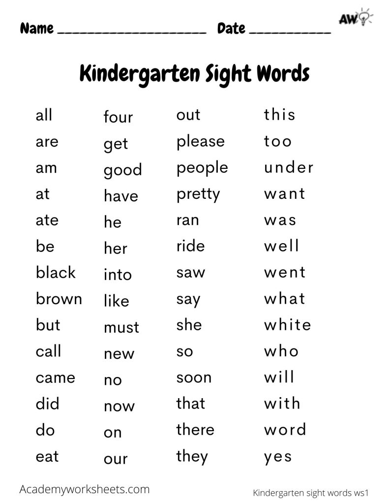 Kindergarten Sight Words Printable Kindergarten Sight Words List 