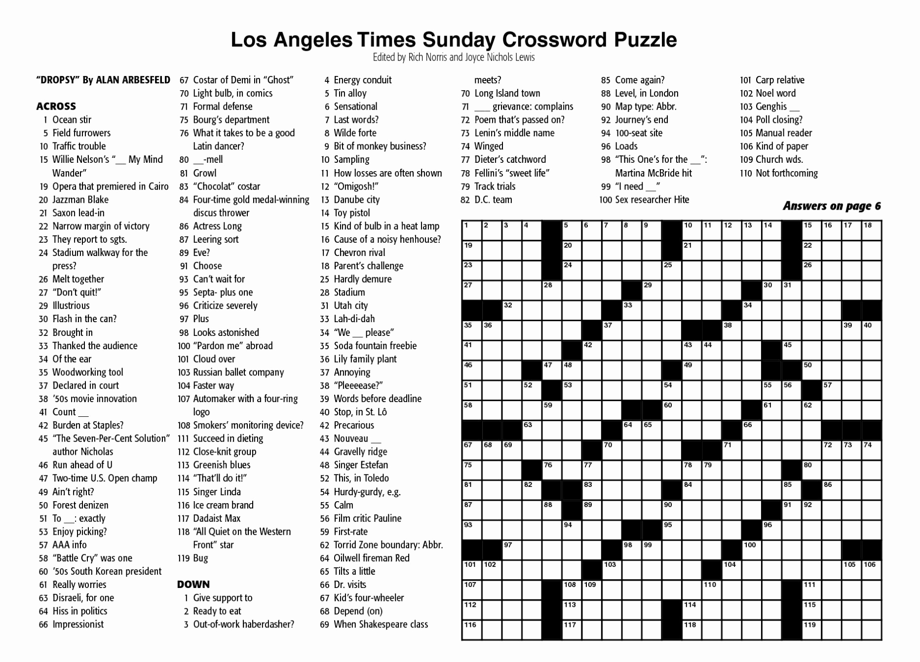 Los Angeles Times Sunday Crossword Puzzle Tribune Content Agency La 
