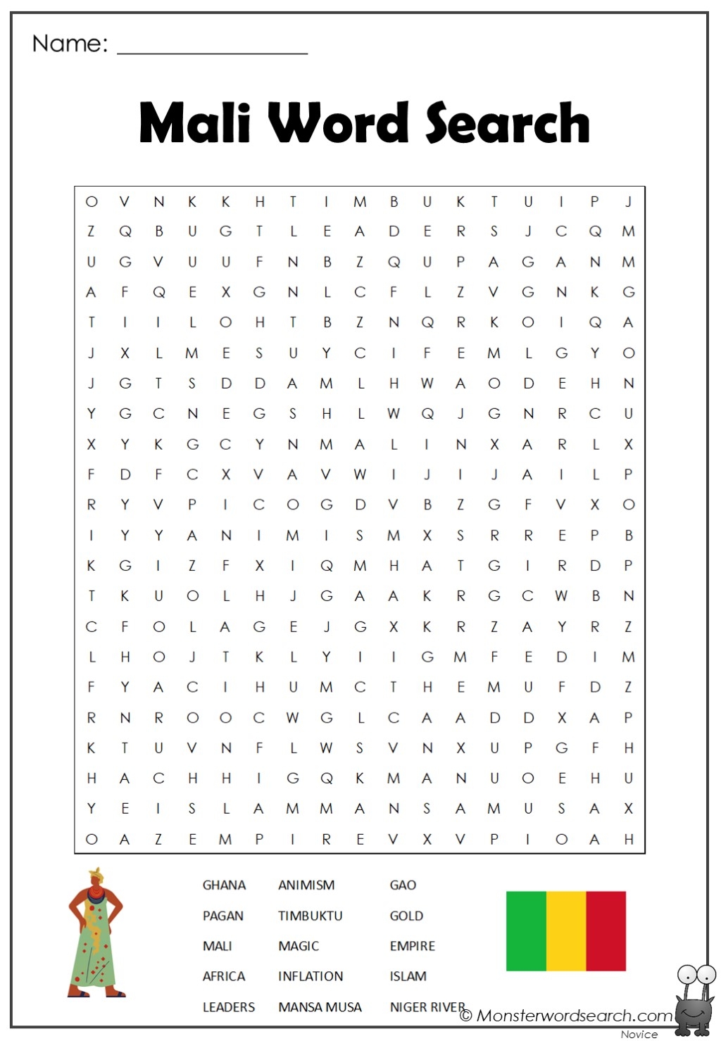 Mali Word Search Monster Word Search