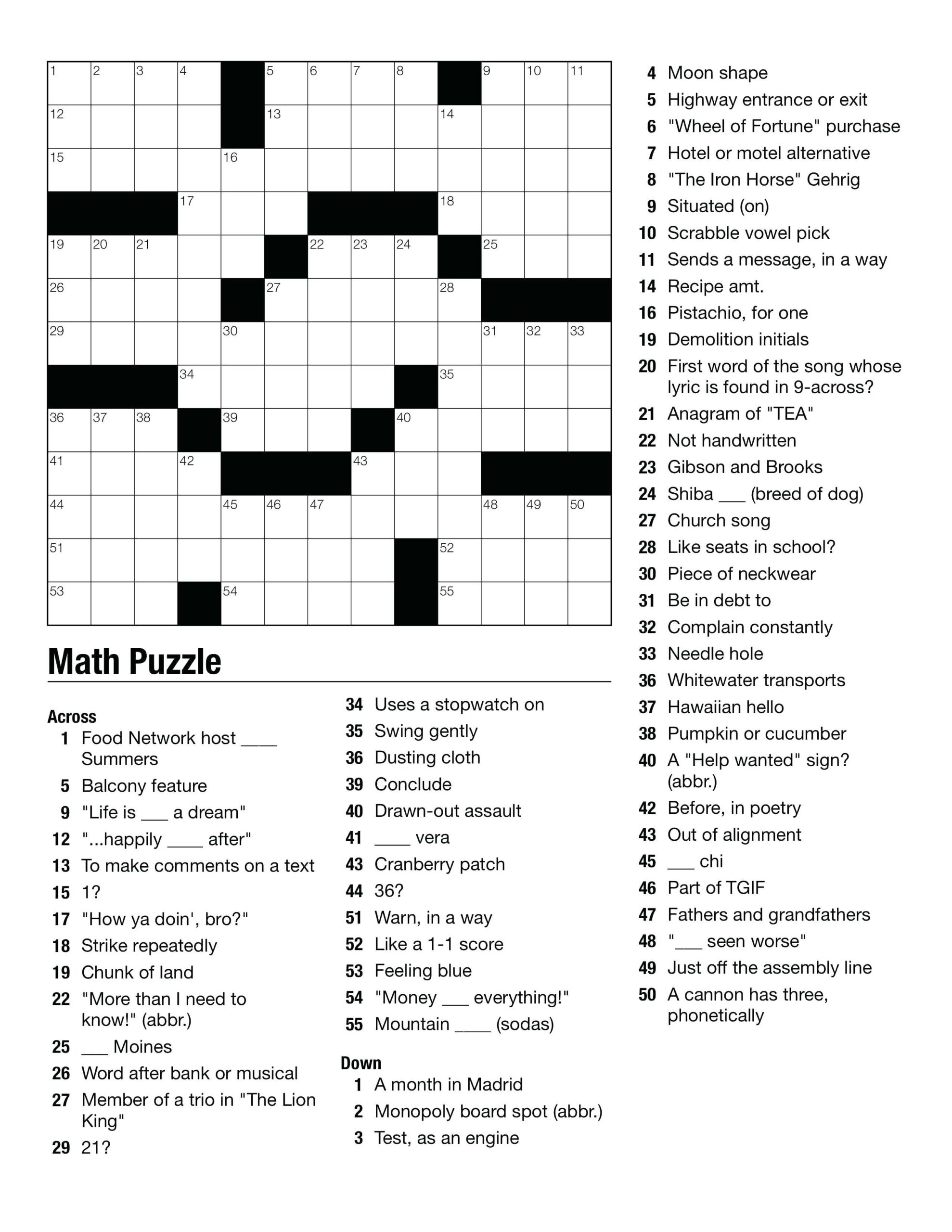 Math Crossword Puzzles Free Printable Printable Templates