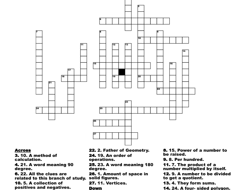 Math Crossword Puzzles Printable