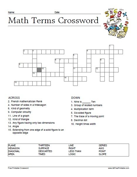 Math Terms Crossword Free Printable