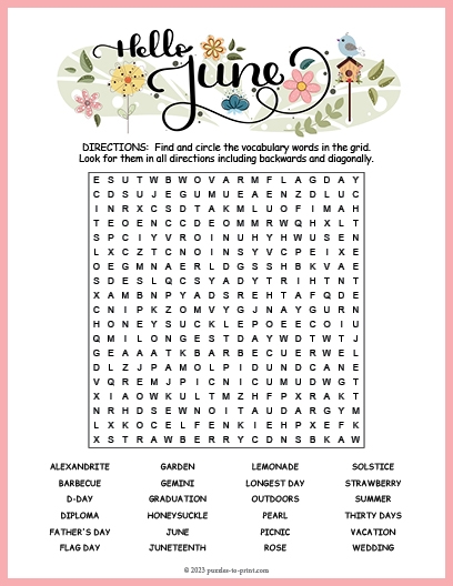 Month Of June Word Search