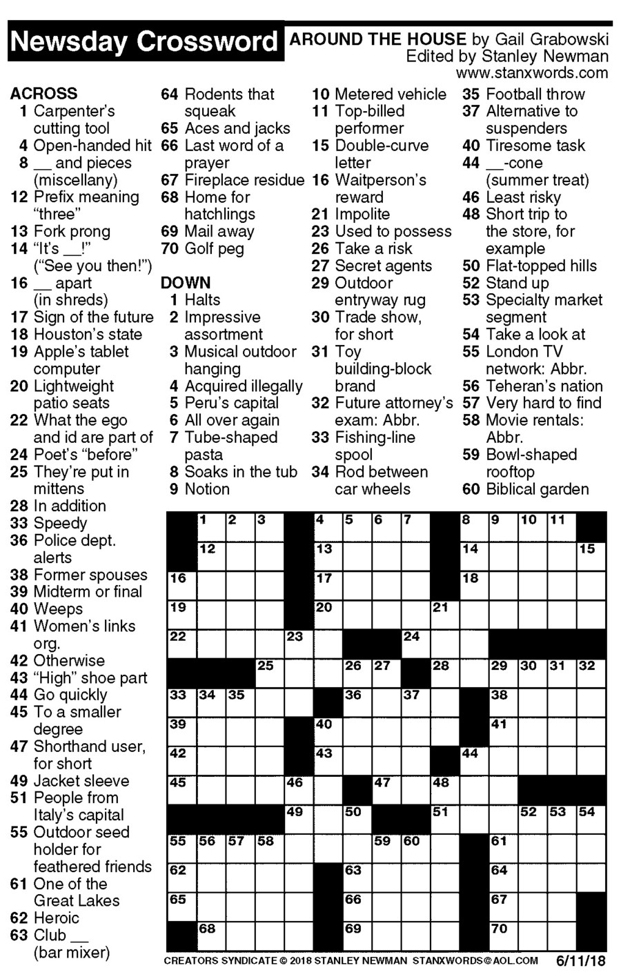 Newsday Crossword Puzzle For Jun 07 2018 stanley Newman Printable 