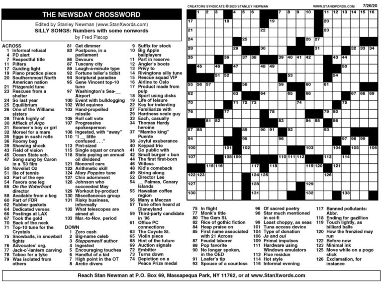 Newsday Crossword Sunday For Jul 26 2020 By Stanley Printable 