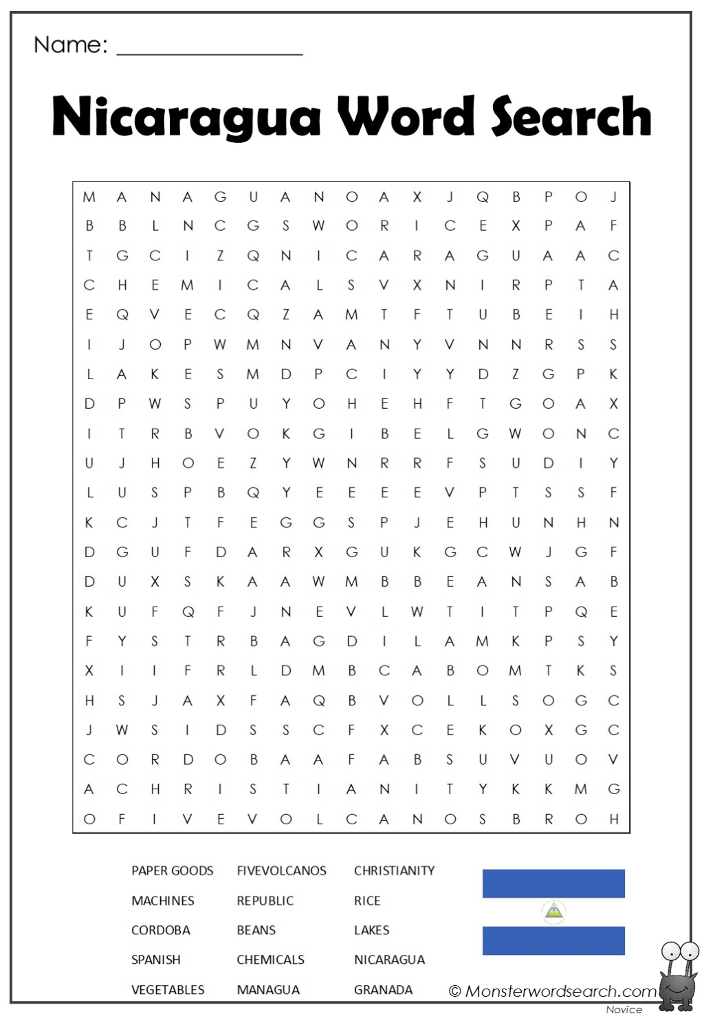 Nicaragua Word Search Monster Word Search