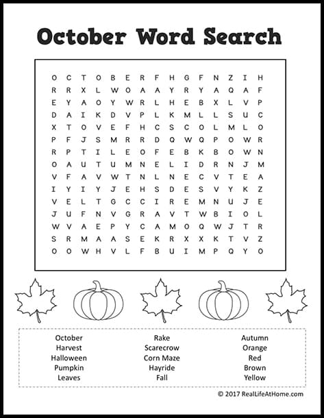 October Word Search Printable