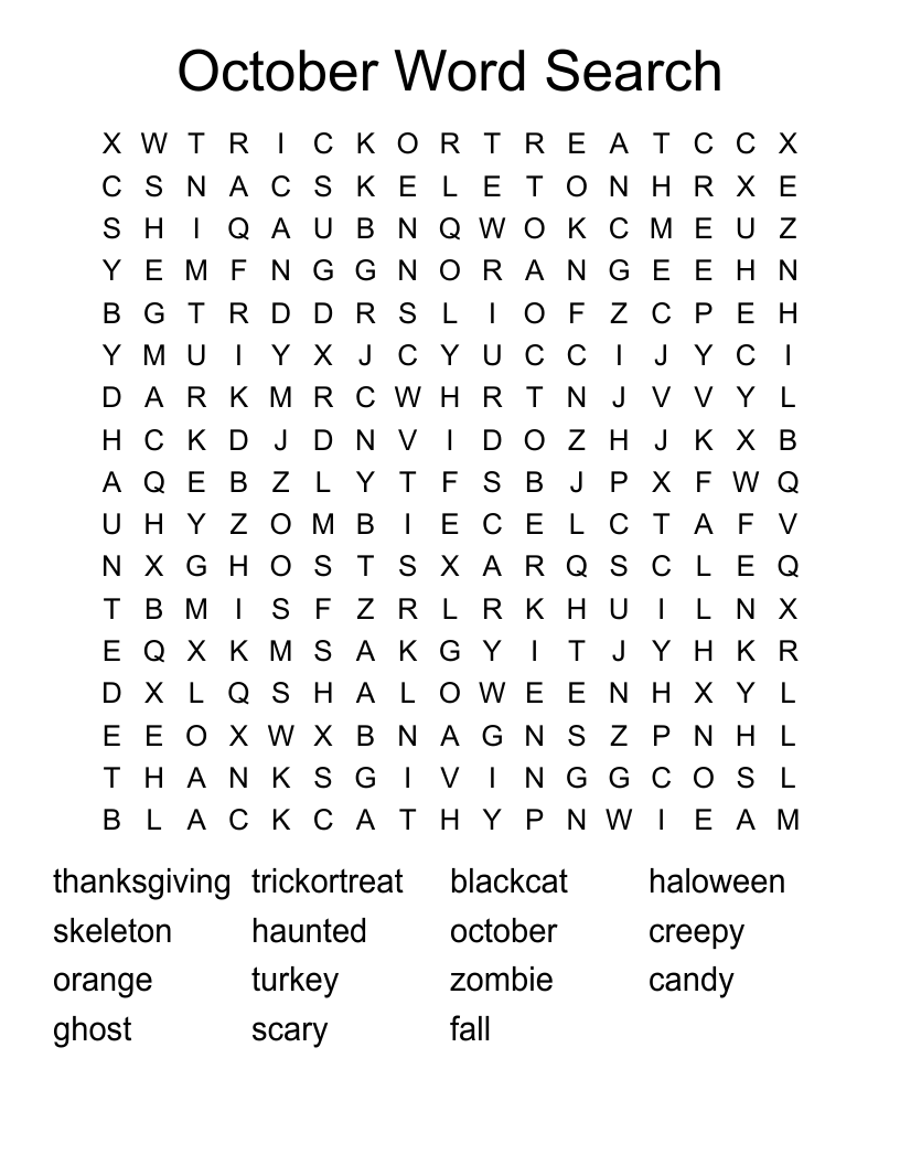 October Word Search Printable