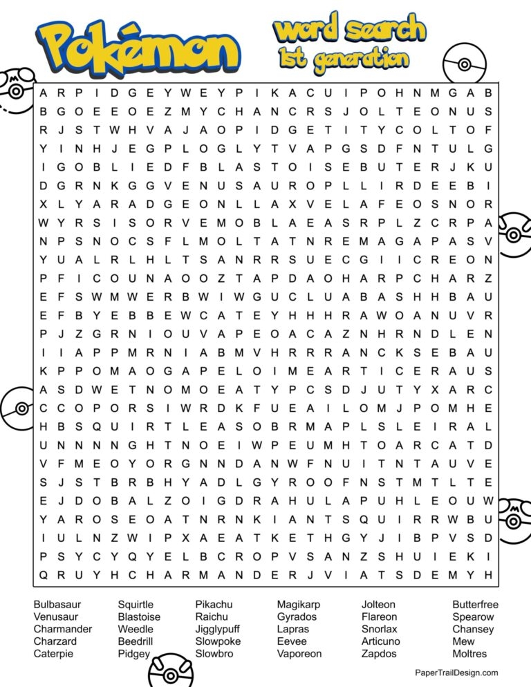 Pok mon Word Search Printable Paper Trail Design