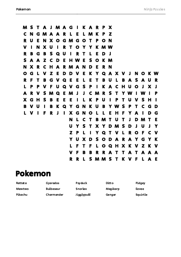 Pokemon Word Search Worksheets Library