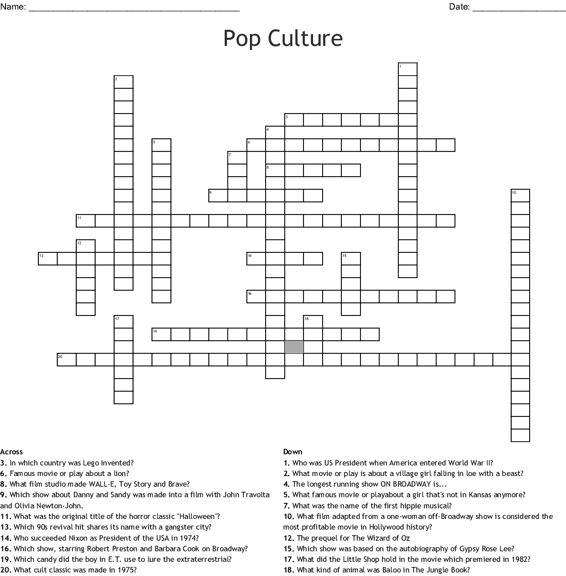 Pop Culture Crossword Puzzles Printable Printable Crossword Puzzles