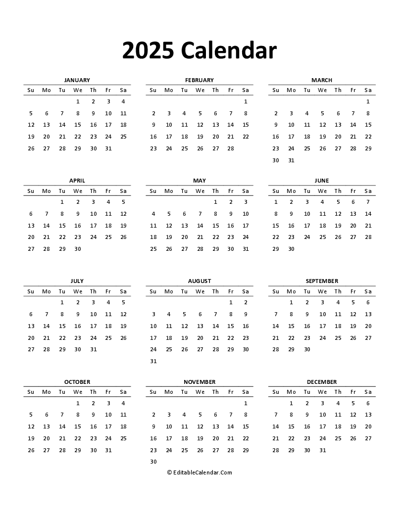 Printable Calendar 2025 Editable Word Xavier Barnes