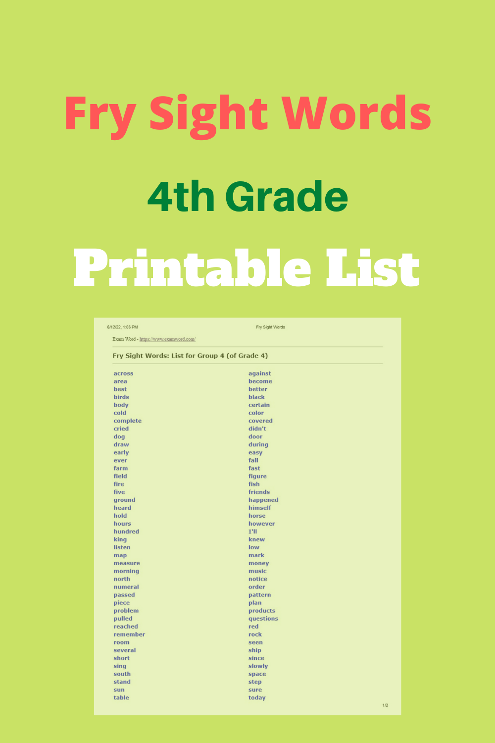 Printable Fry Sight Word List Printable New Year Banners