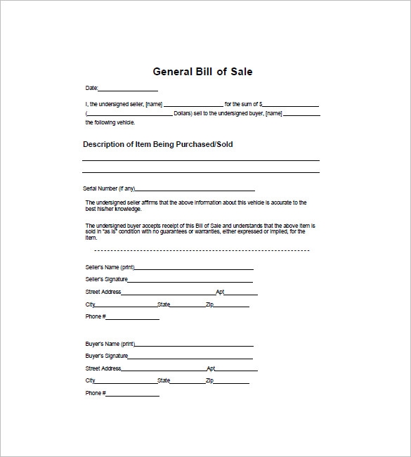 Printable General Bill Of Sale Template Word