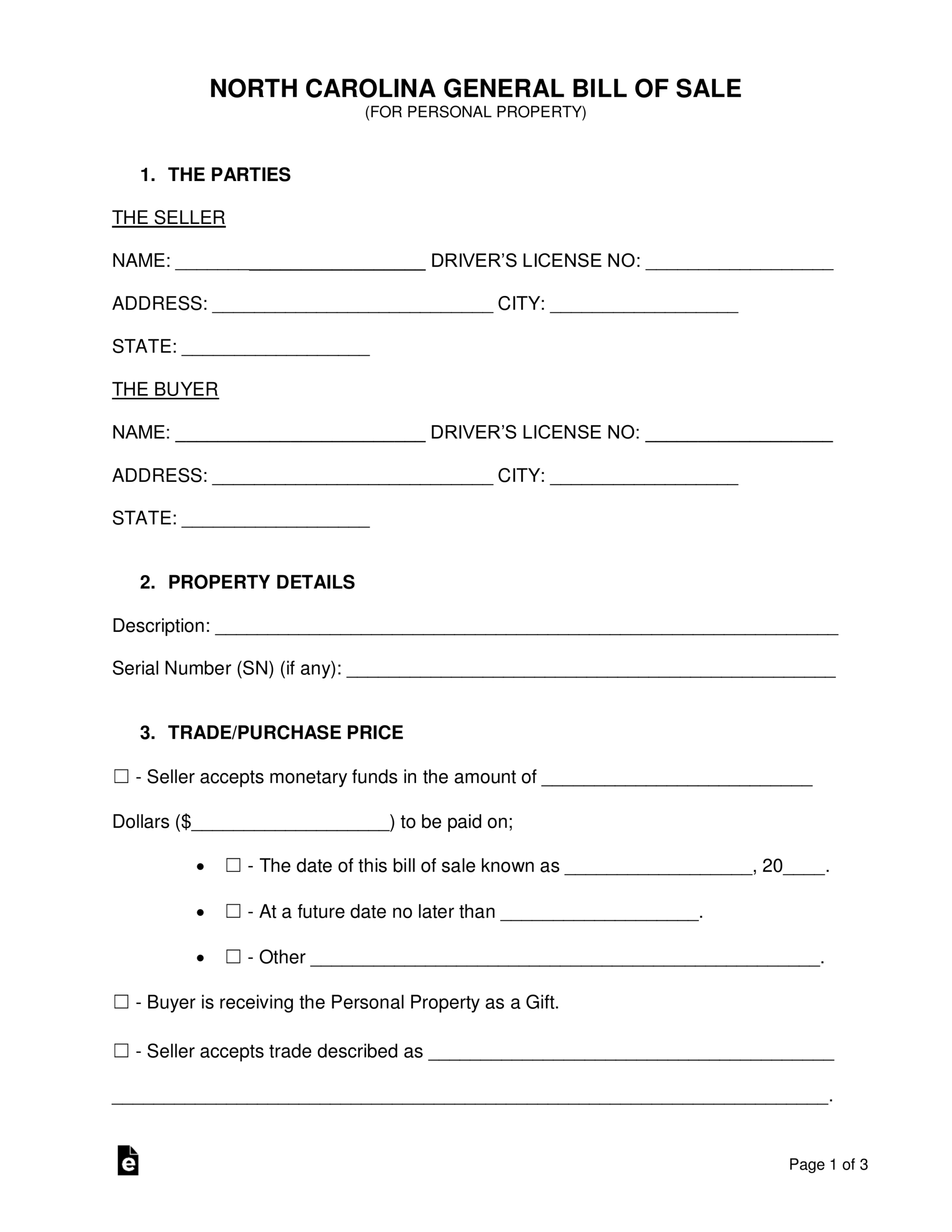Printable General Bill Of Sale Template Word Template
