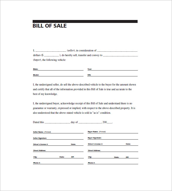 Printable General Bill Of Sale Template Word