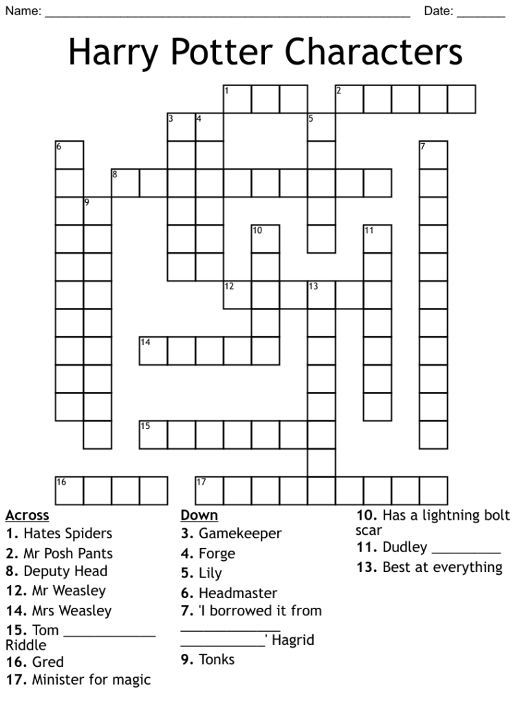 Printable Harry Potter Crossword Puzzle Free Crossword Puzzles Printable