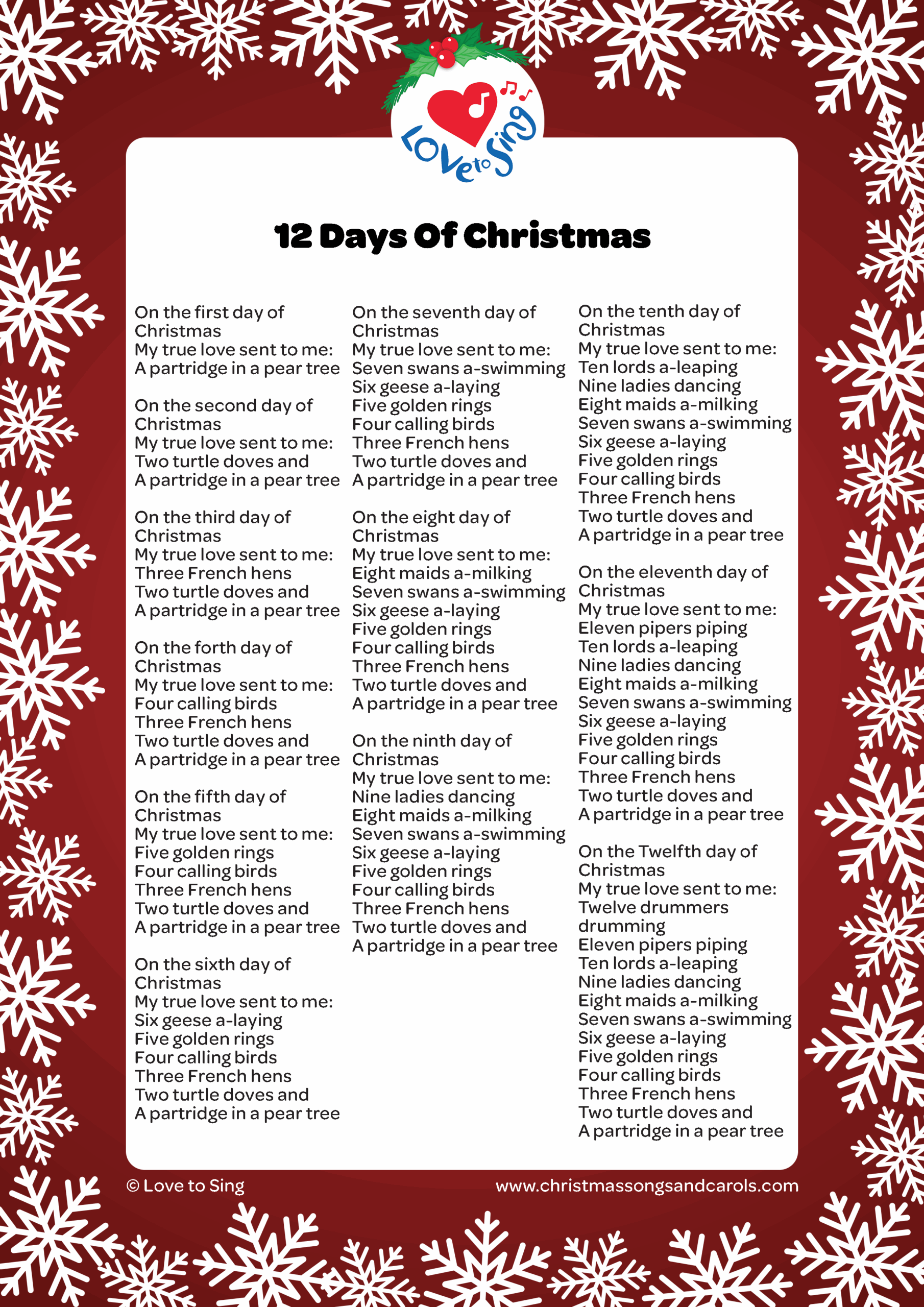 Printable Lyrics To 12 Days Of Christmas